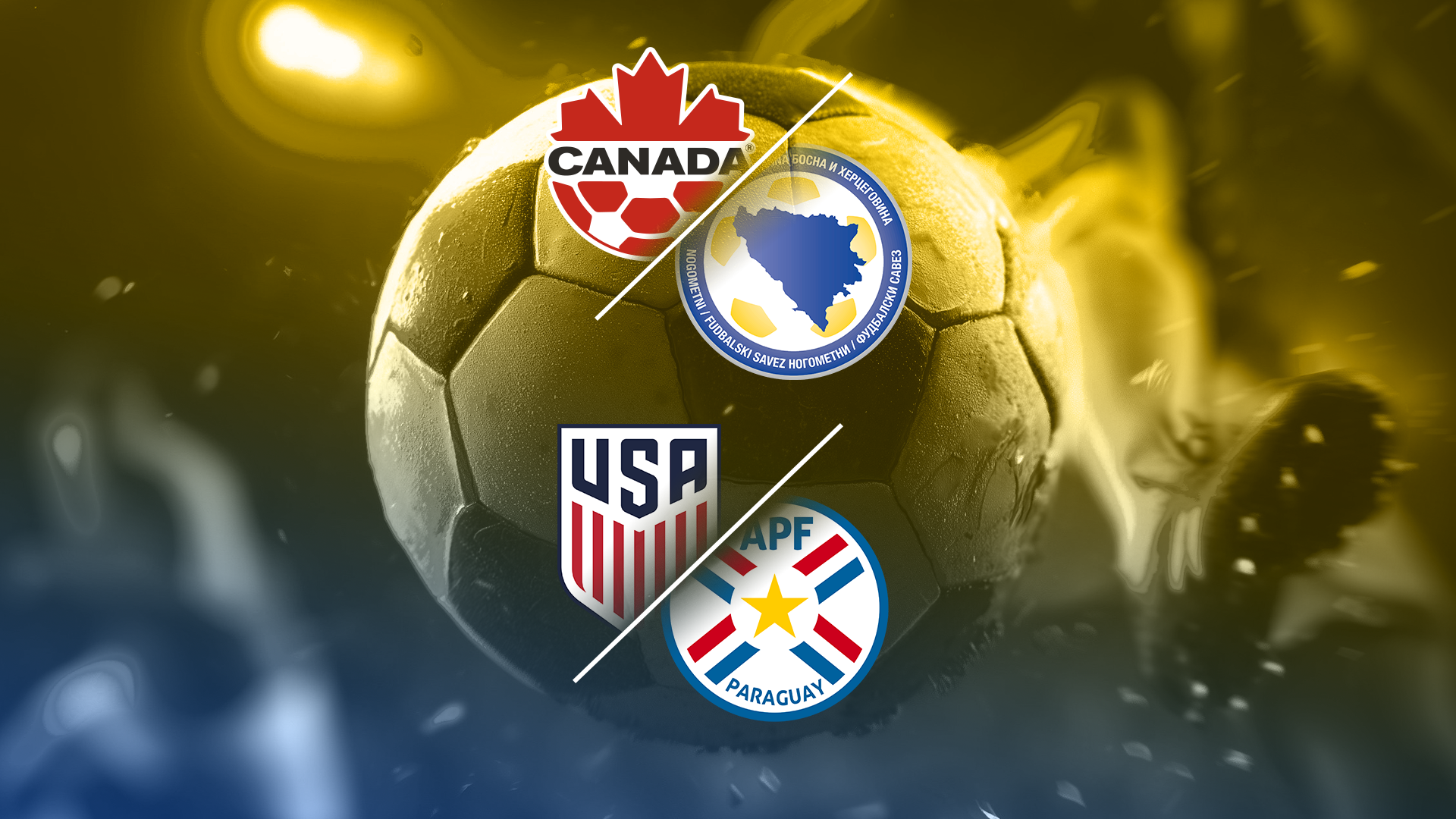 World Cup-themed soccer graphic featuring Canada, Bosnia and Herzegovina, USA, and Paraguay team logos