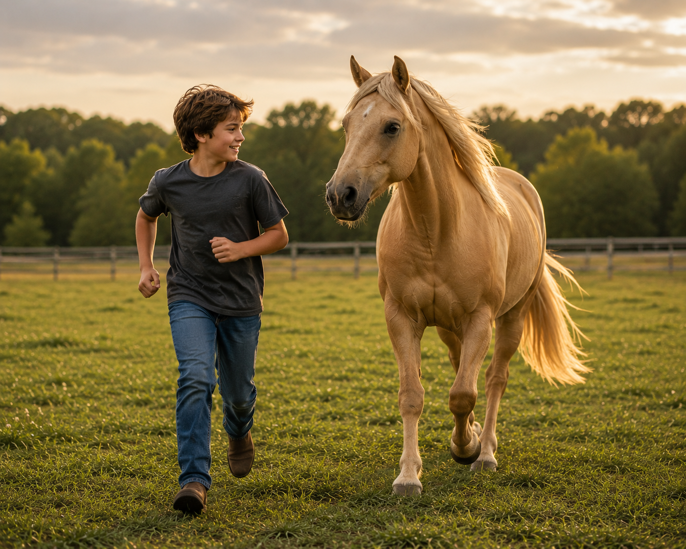 A boy running alongside a horse in a golden field