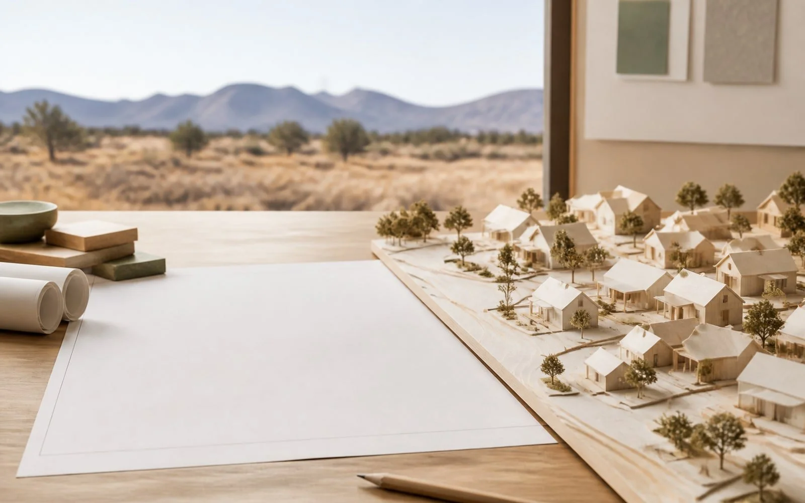 Housing planning studio with a physical neighborhood model and Central Oregon landscape beyond.