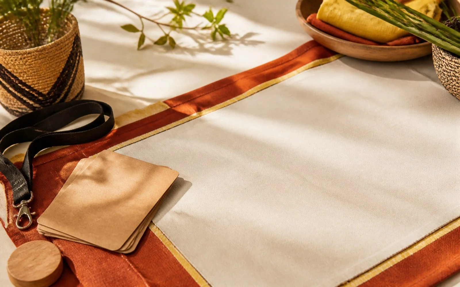 Sunlit event-planning table with warm textiles and space for campaign creative.