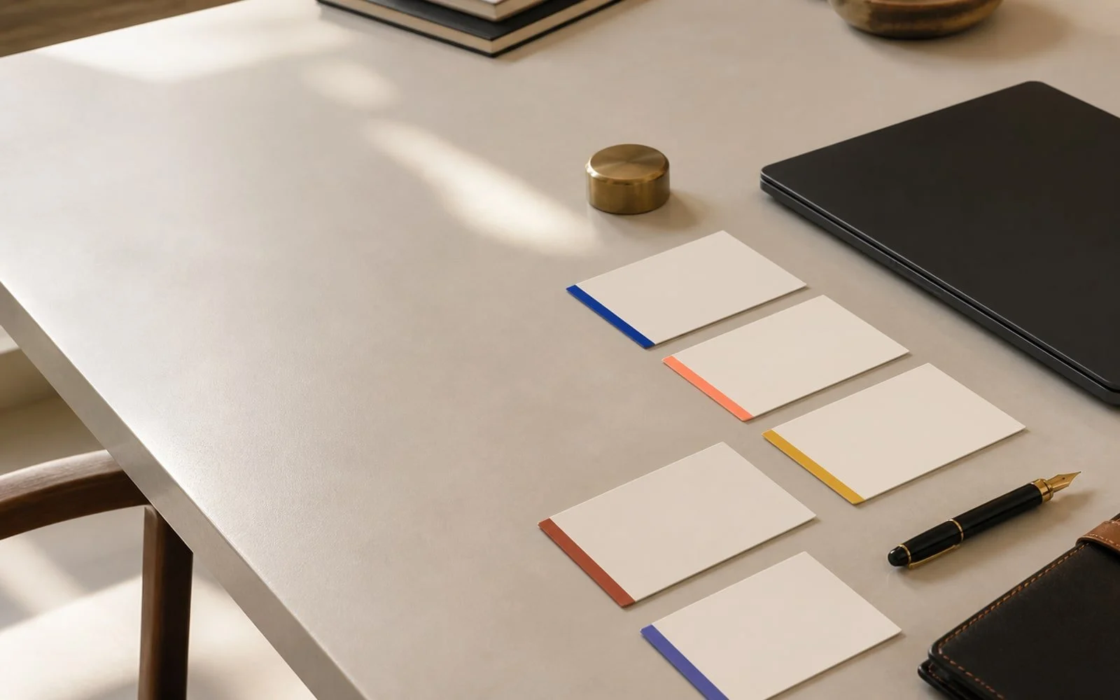 Communications strategy worktable with five blank workflow cards and a closed laptop.