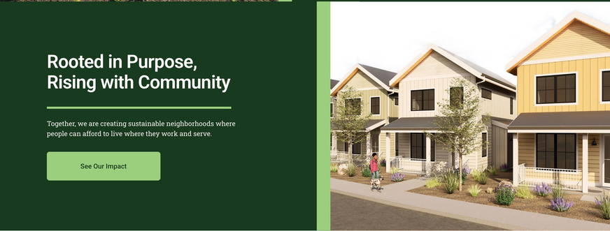 Authentic RootedHomes project material with a conceptual attainable-housing rendering.