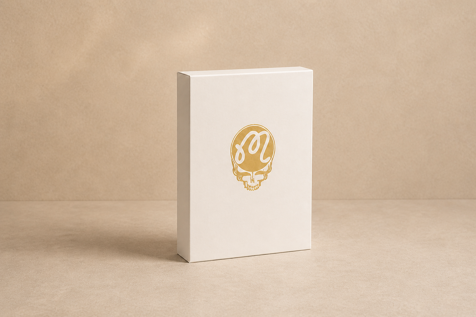White box with gold foil stamp