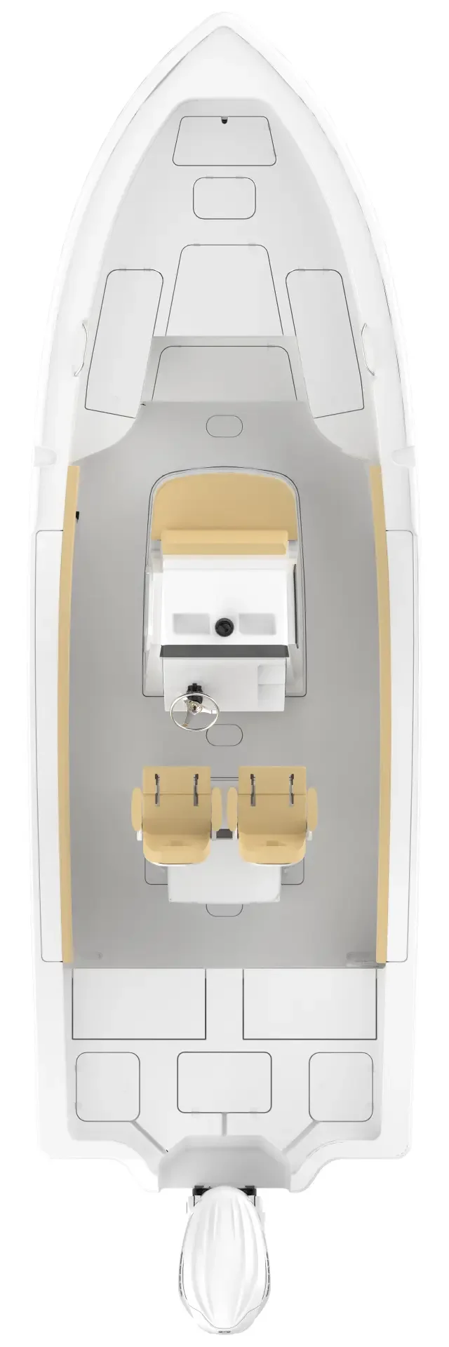 Boat top view diagram showing deck layout, helm, livewells, and console