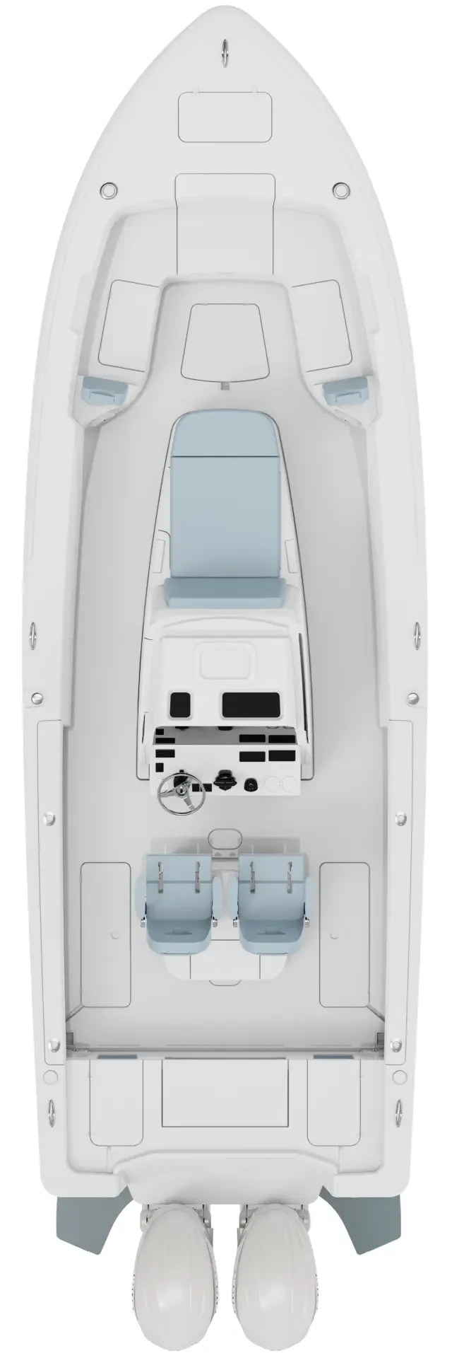 Boat top view diagram showing deck layout, helm, livewells, and console