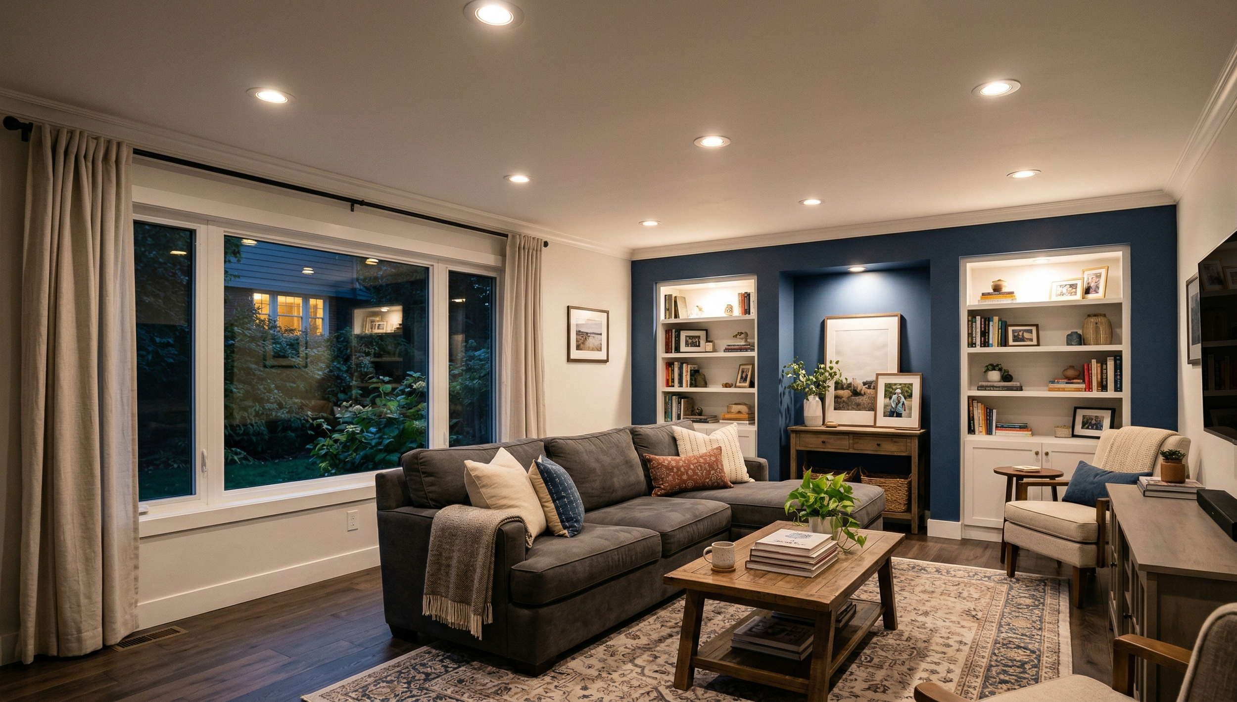 Open concept living room recessed lights