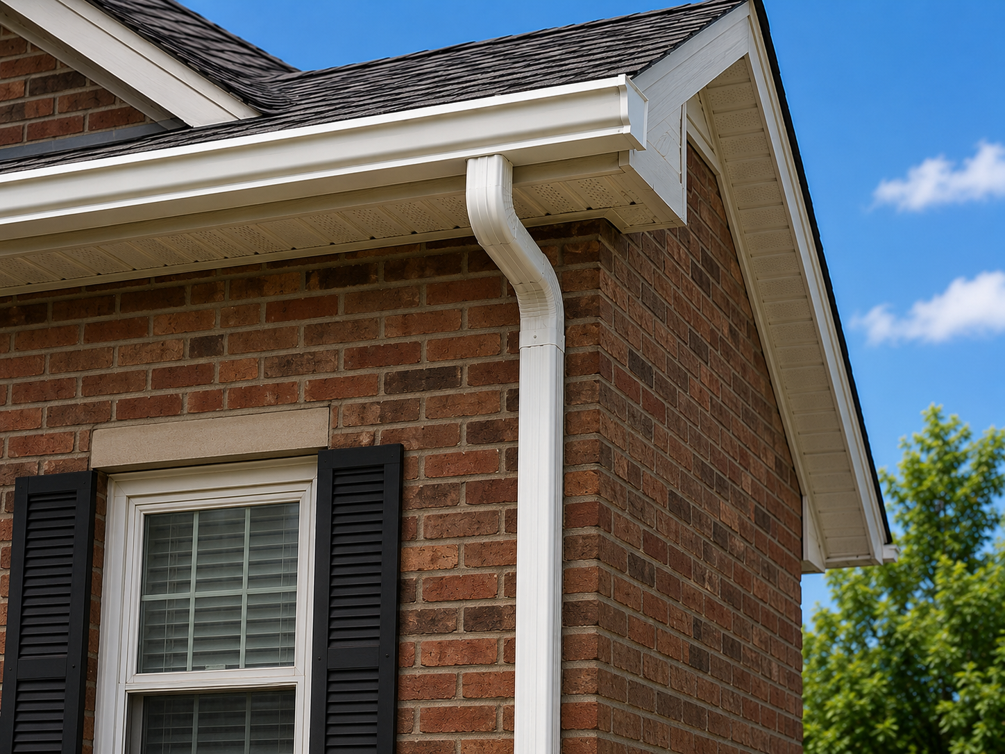 White gutter and downspout installed along the roofline of a brick home