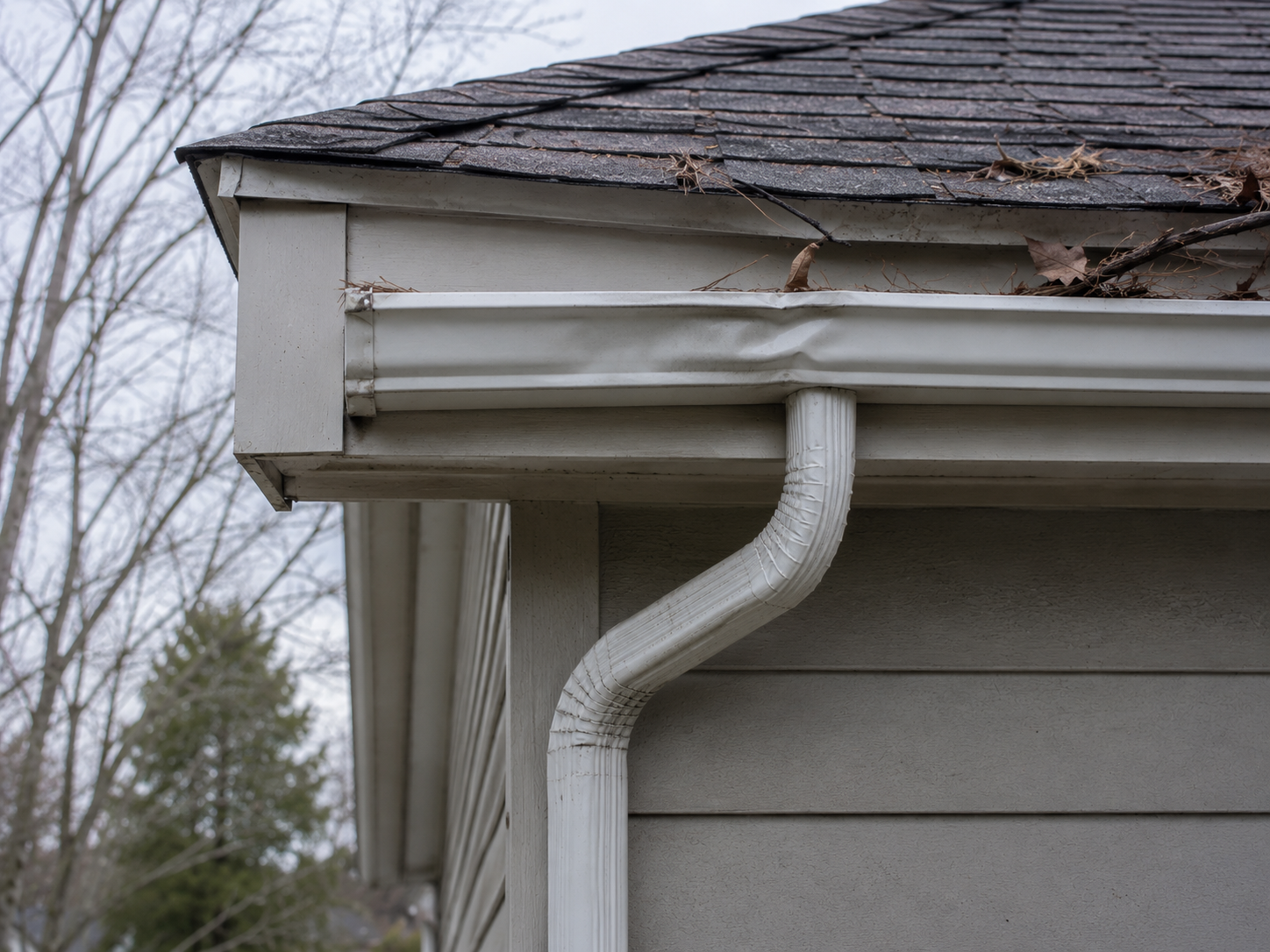 Storm damage affecting a home's gutter and roofline
