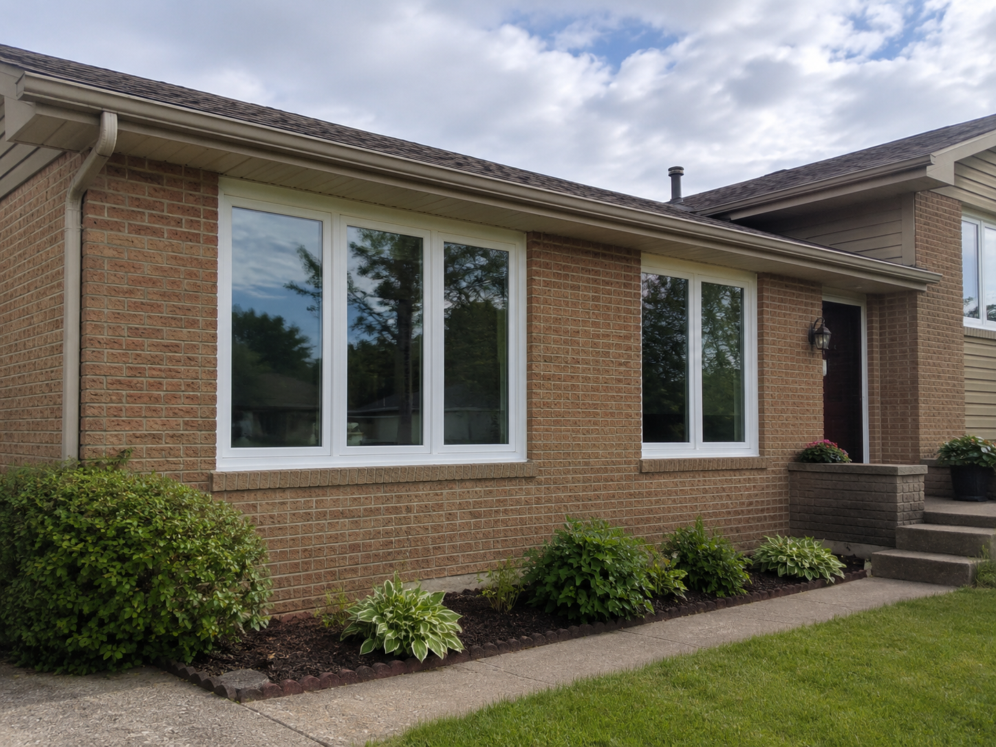 Updated home exterior with replacement windows, siding, roofing, and gutters