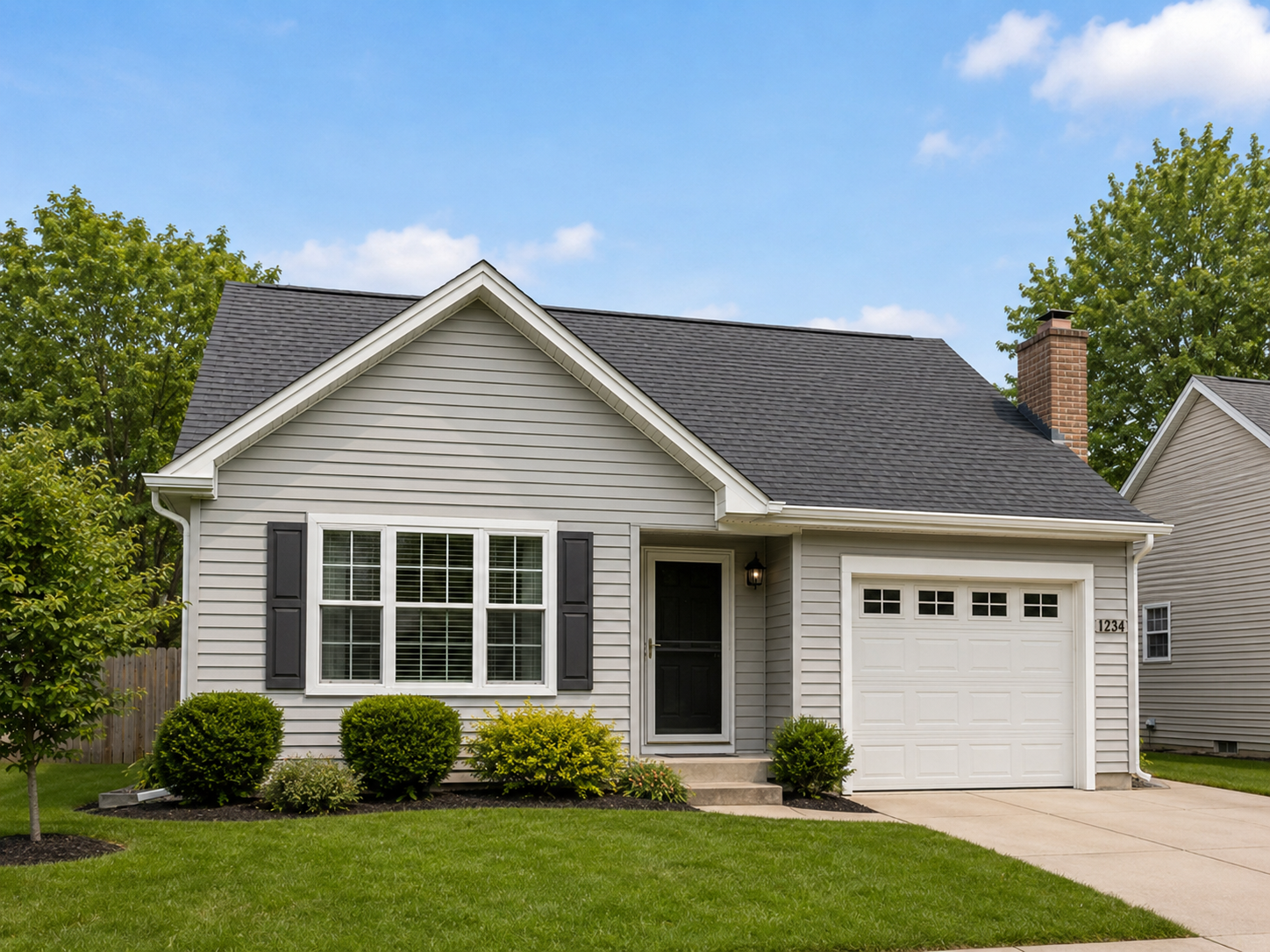 Home exterior featuring updated roofing, siding, gutters, and windows
