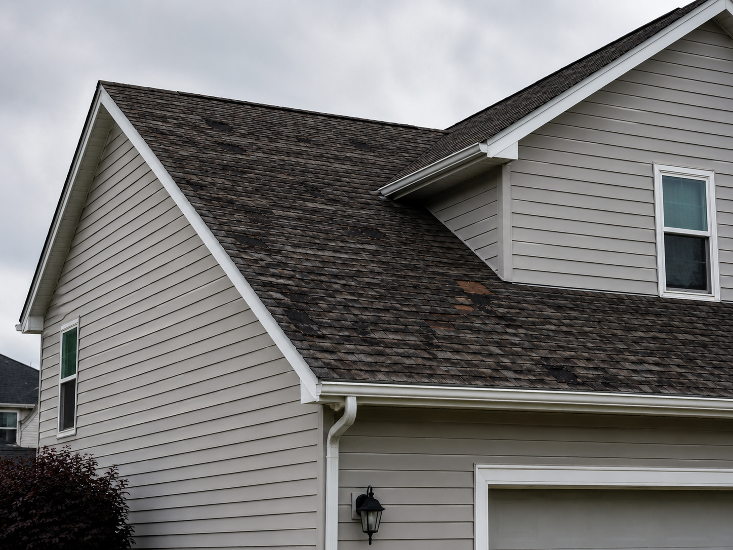Asphalt shingle roof with visible hail impacts and granule loss