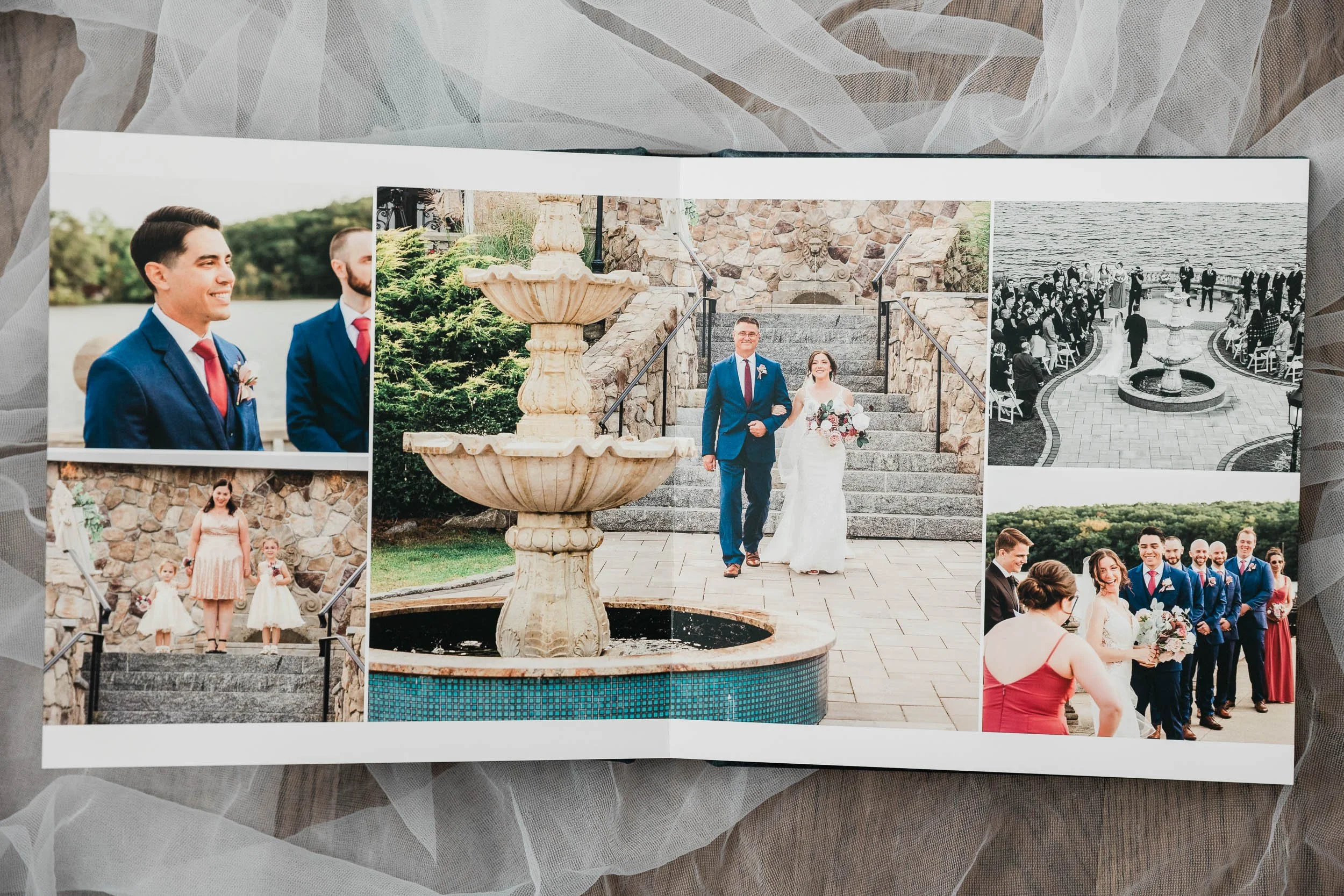 Finished wedding album spread with the processional and ceremony laid out across facing pages