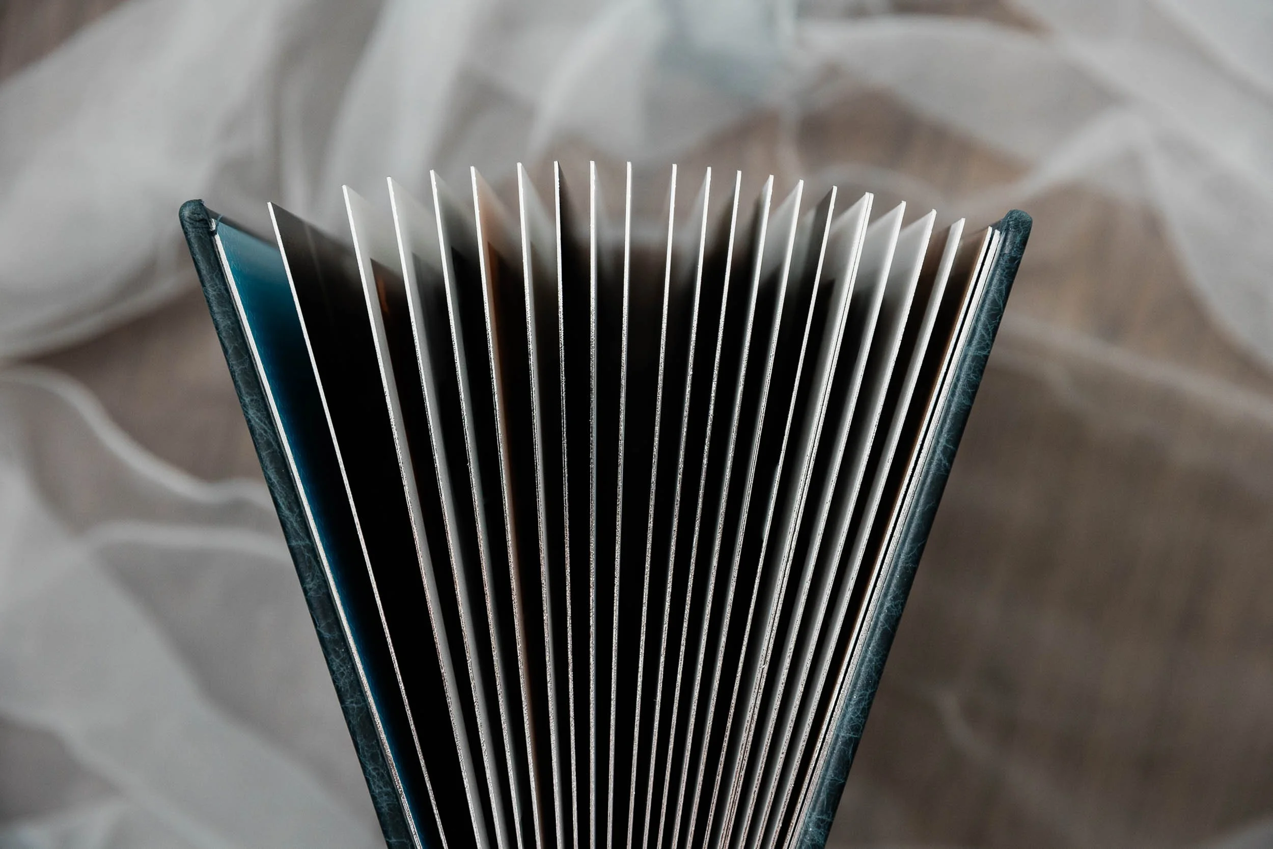 Thick layflat album pages fanned open