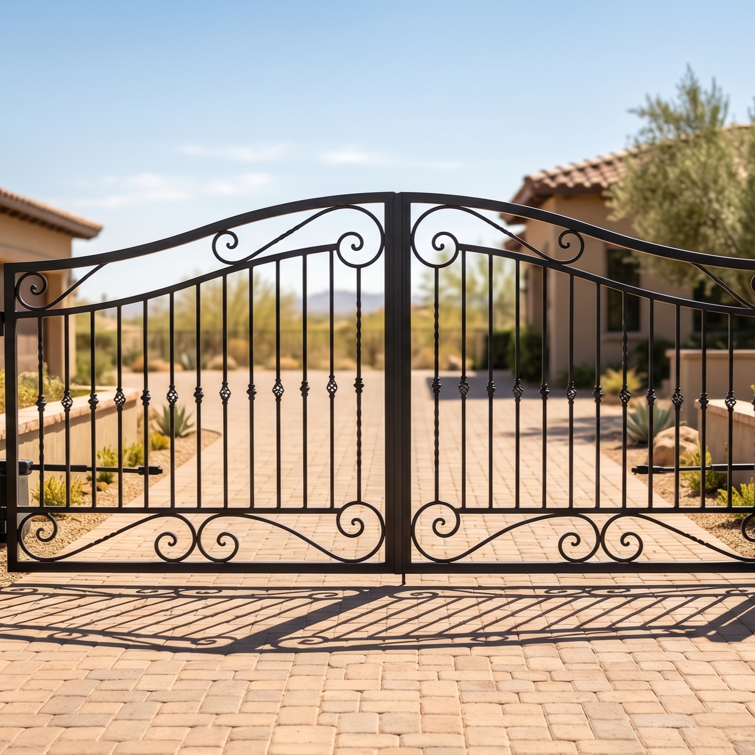 rust-resistant wrought iron driveway gate in sun