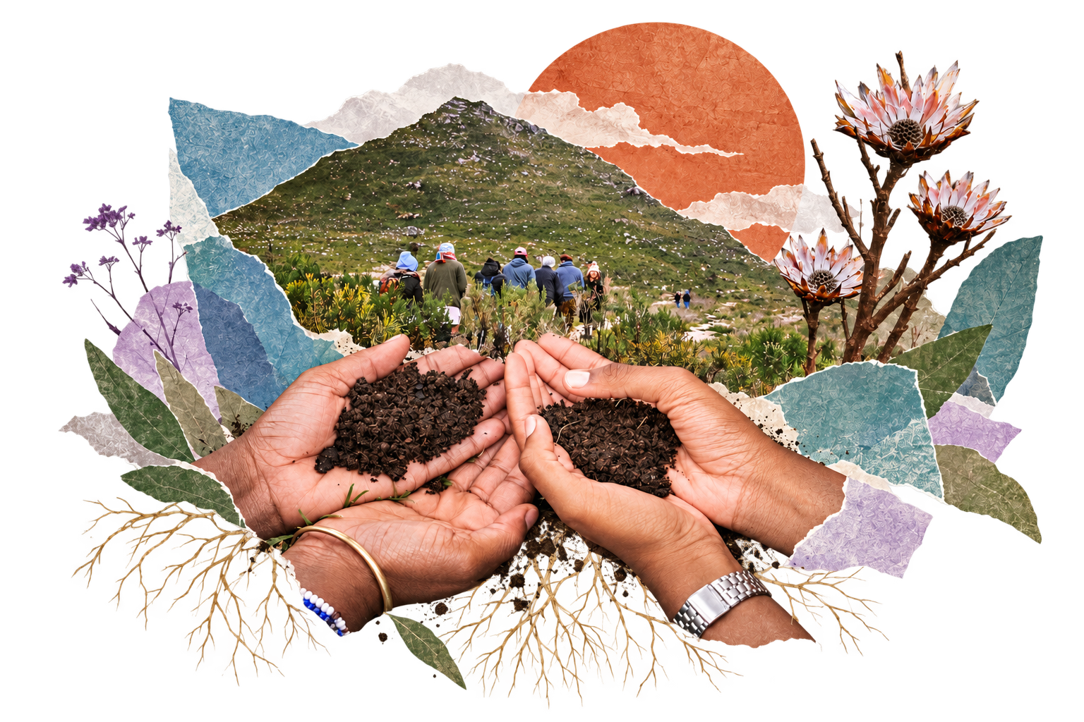 Collage of soil held in cupped hands, mountain walkers, botanical cutouts, and a terracotta sun
