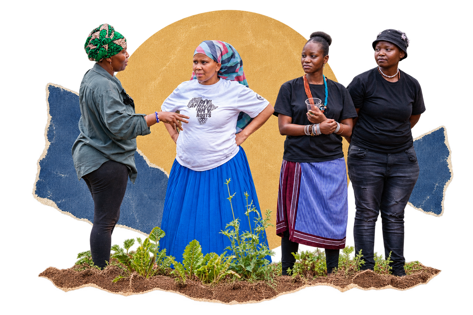 Collage of community members sharing stories among garden plants and layered paper