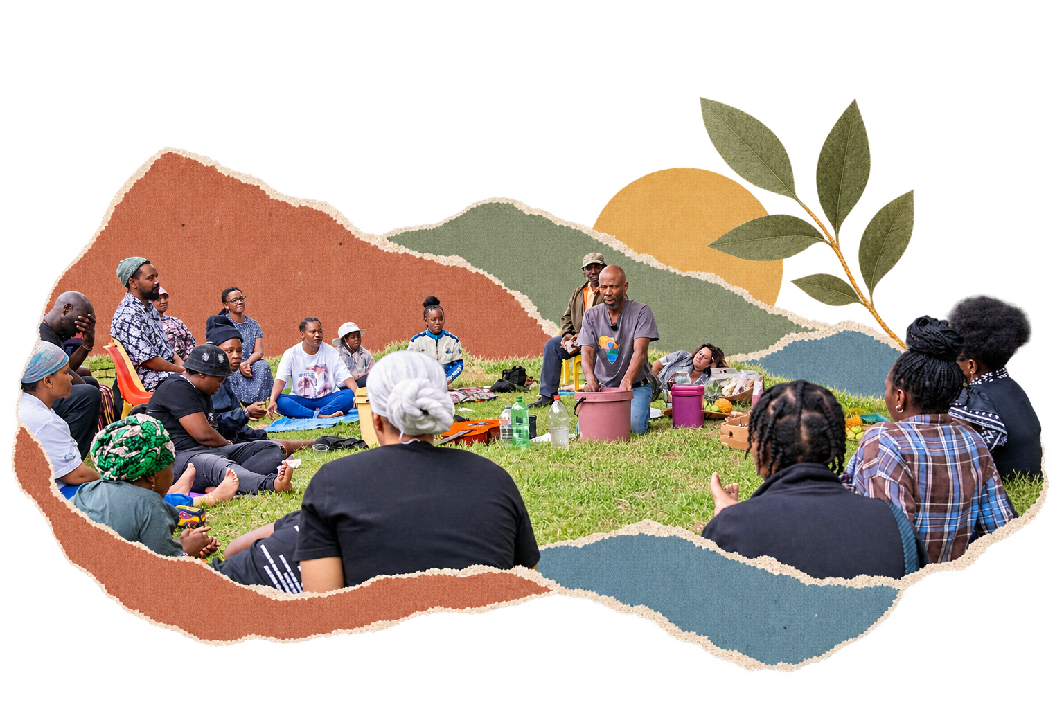 Photographic collage of a community learning circle with torn-paper shapes and a botanical branch