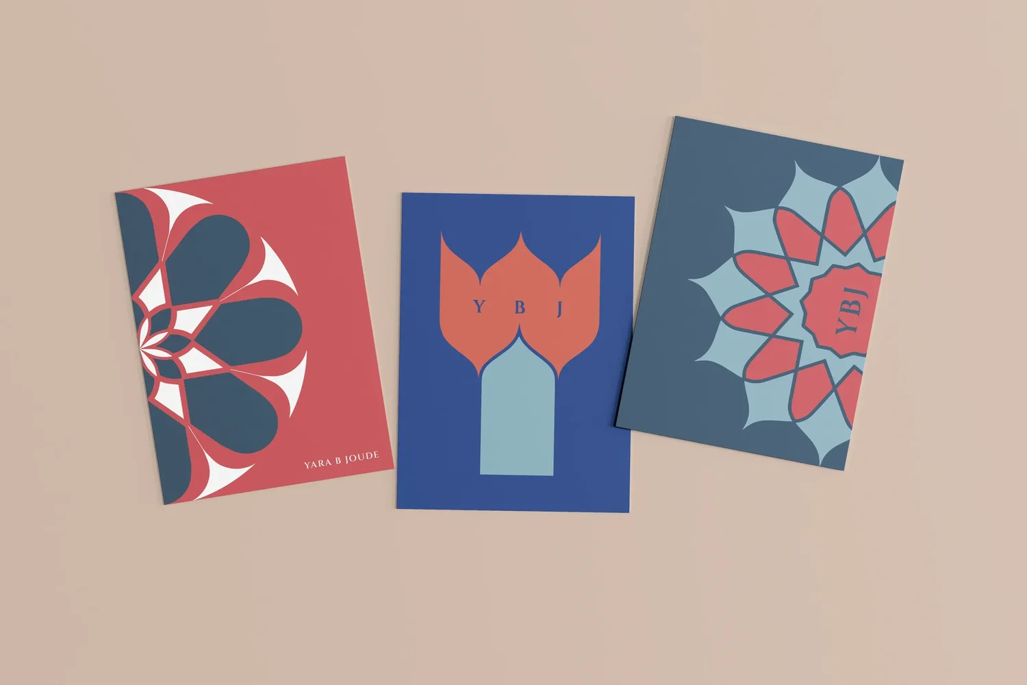 YBJ — the three geometric explorations applied on Atlantique blue evoking Arab mosaic and zellige, mockup by StudioKus for Yara B Joude