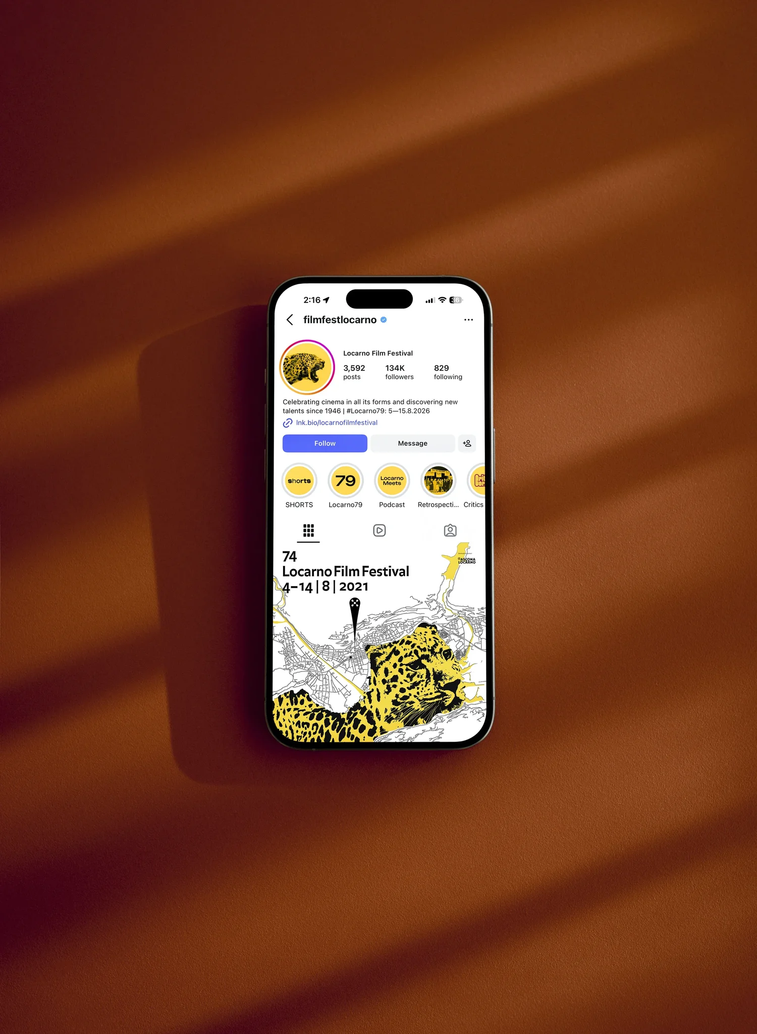 The Yellow Leopard — iPhone 17 Pro mockup, Locarno Film Festival Instagram, by StudioKus