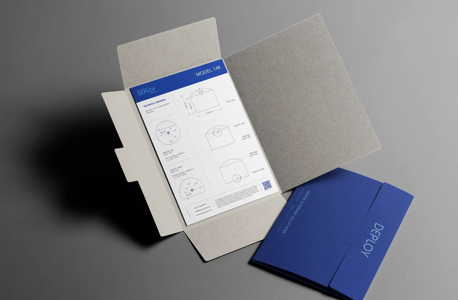 Deploy Tech — brand folder with technical drawing paper sheet A4, by StudioKus