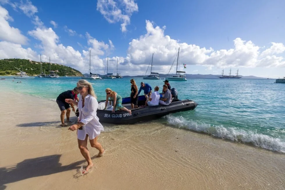 Sea Cloud II windjammer at anchor off a Lesser Antilles island in the Caribbean