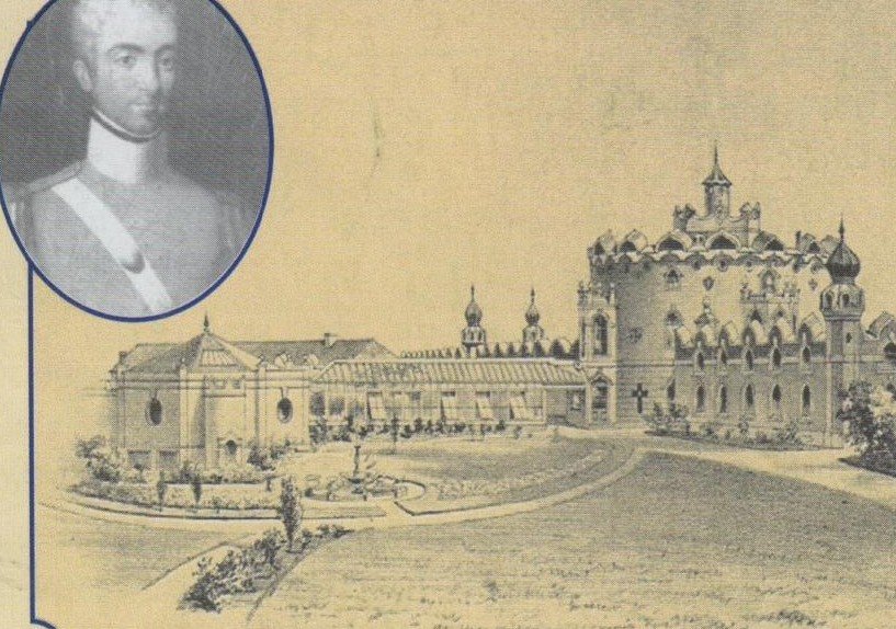 An oval portrait engraving of Colonel Robert Smith alongside a pen-and-ink perspective drawing of Redcliffe, the house he designed for himself in 1852