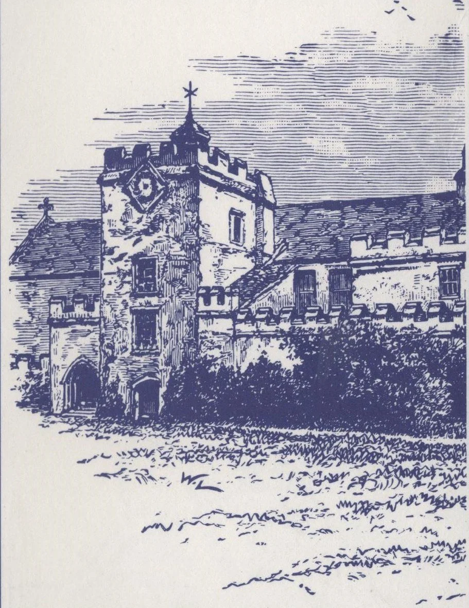 Engraving of Torre Abbey about 1870, showing the battlemented gatehouse tower with its clock and the long range of buildings beyond