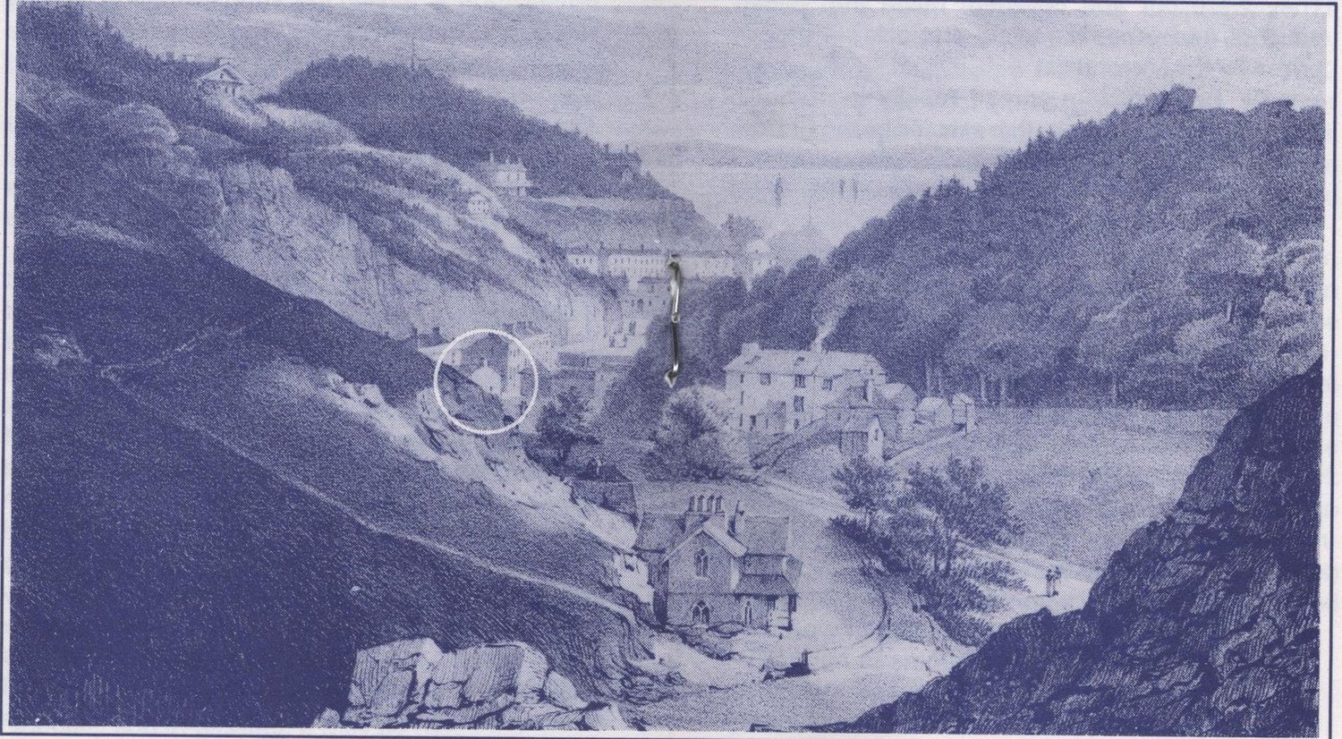 Engraving of the Fleete Valley at Torquay in 1830, showing a wooded valley with scattered houses and a chapel