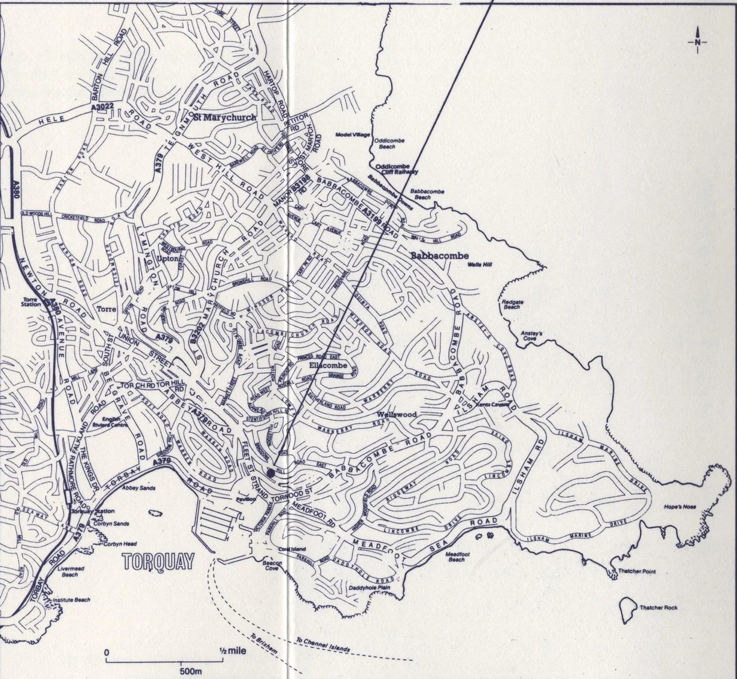 Street map of Torquay marking the location of the Church of St John the Evangelist above the harbour