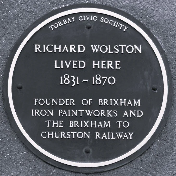 Torbay Civic Society plaque at Saxon Heights, Brixham, recording that Richard Wolston lived here from 1831 to 1870