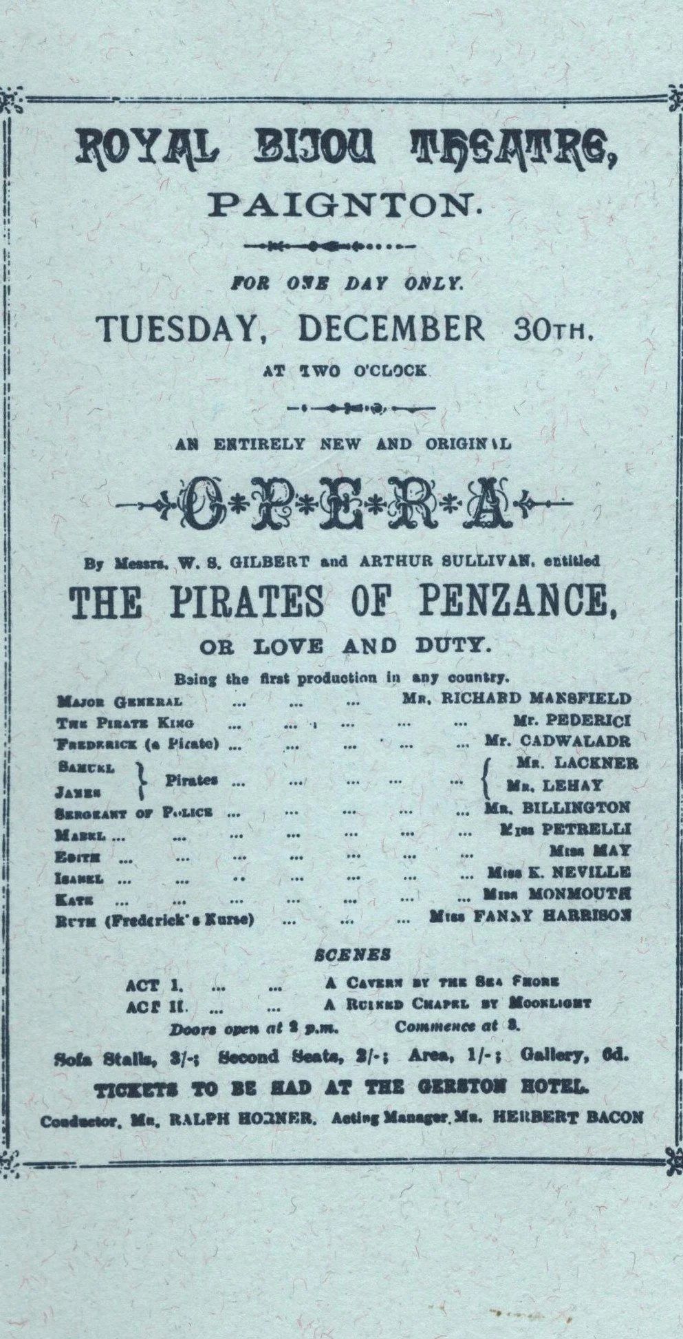Facsimile of the Royal Bijou Theatre programme for the first performance of The Pirates of Penzance, 30 December 1879