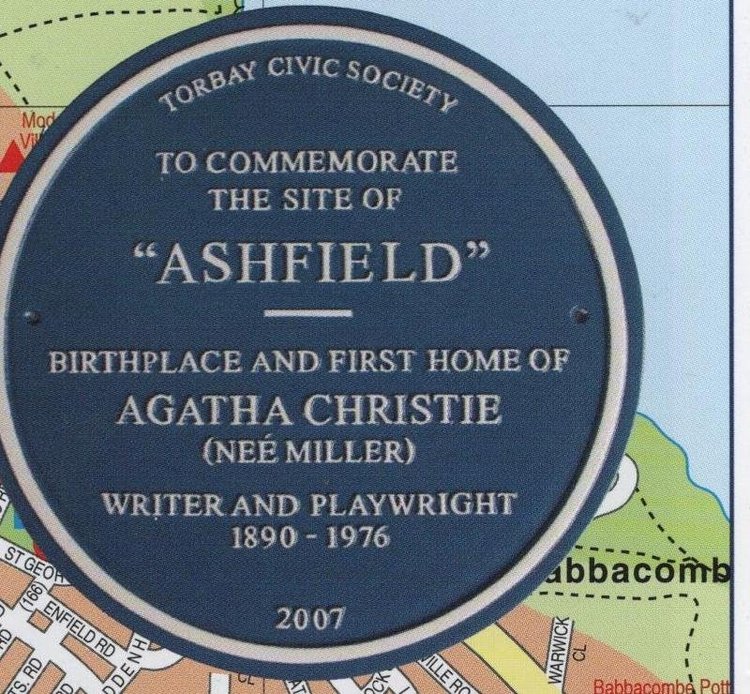 Blue plaque reading Torbay Civic Society, to commemorate the site of Ashfield, birthplace and first home of Agatha Christie (nee Miller), writer and playwright, 1890 to 1976, 2007