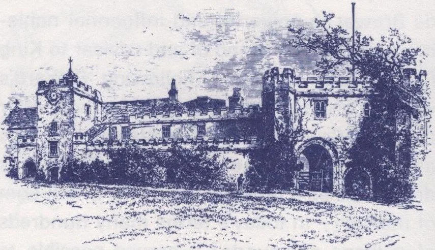 Engraving of the western front of Torre Abbey before 1874, showing two battlemented towers and the arched gateway between them