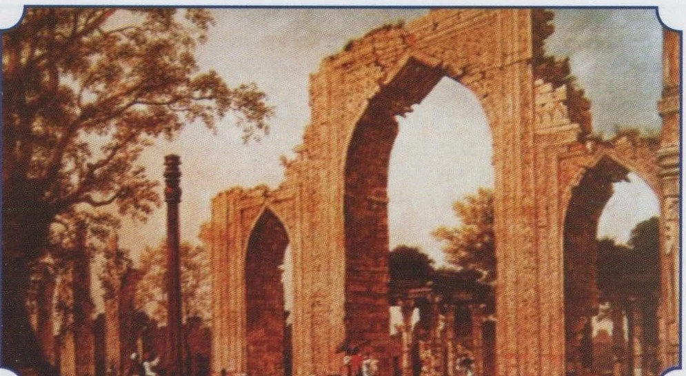 An oil painting showing Smith, in a red tunic, directing operations at the Qutb Mosque, Delhi