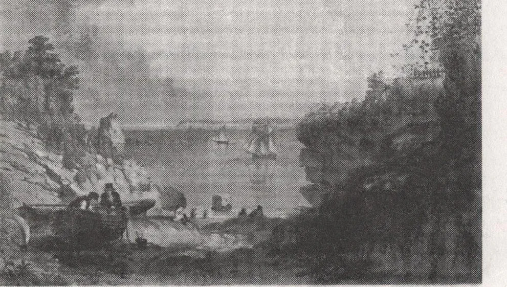 A lithograph of the Bathing Cove at Torquay, with figures and a bathing machine on the shore and a sailing boat beyond