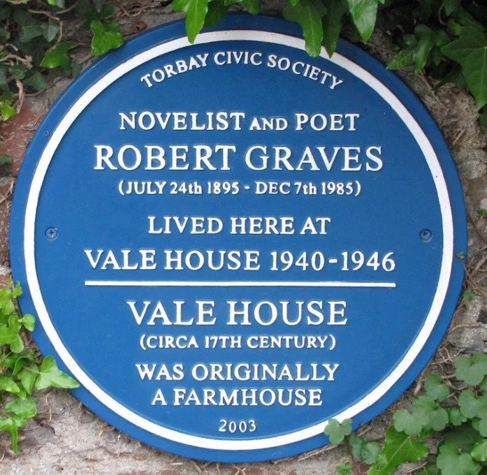 Blue plaque reading Torbay Civic Society, novelist and poet Robert Graves, July 24th 1895 to December 7th 1985, lived here at Vale House 1940-1946, Vale House circa 17th century was originally a farmhouse, 2003