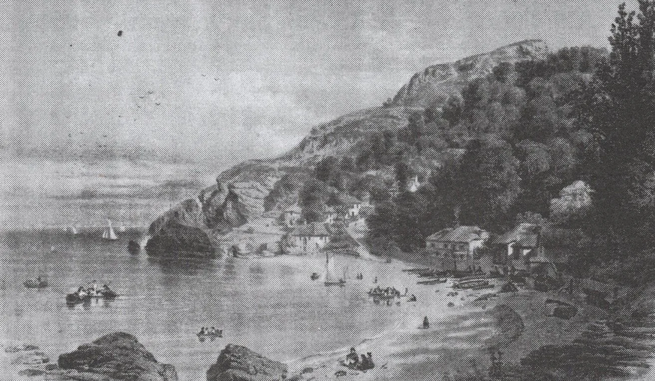 A lithograph of Babbacombe Bay with bathers, rowing boats on the water and cottages beneath the wooded cliffs