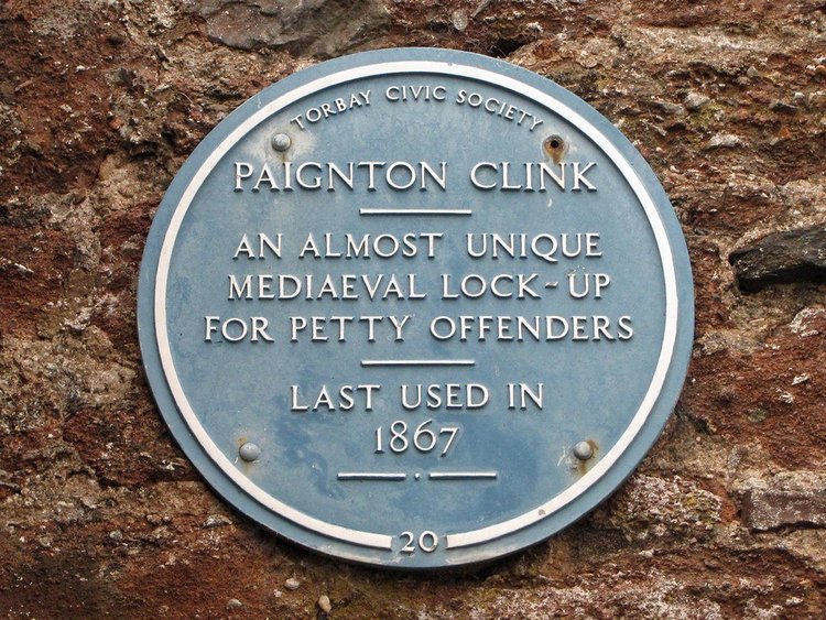 Torbay Civic Society blue plaque: Paignton Clink, an almost unique mediaeval lock-up for petty offenders, last used in 1867. Number 20.