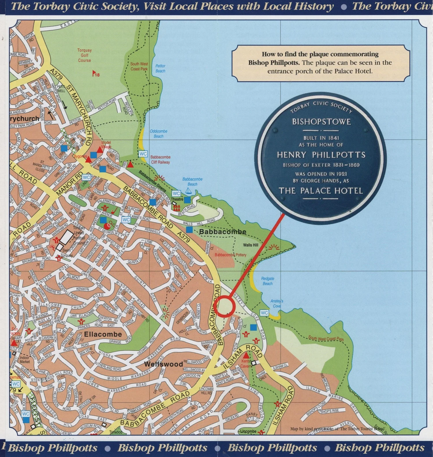 Map showing how to find the Bishop Phillpotts plaque at the Palace Hotel, Torquay