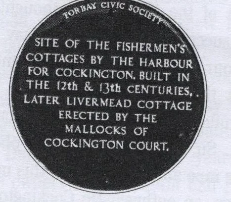 Torbay Civic Society plaque at the Livermead Cliff Hotel, Torquay, recording the site of the fishermen's cottages by the harbour for Cockington