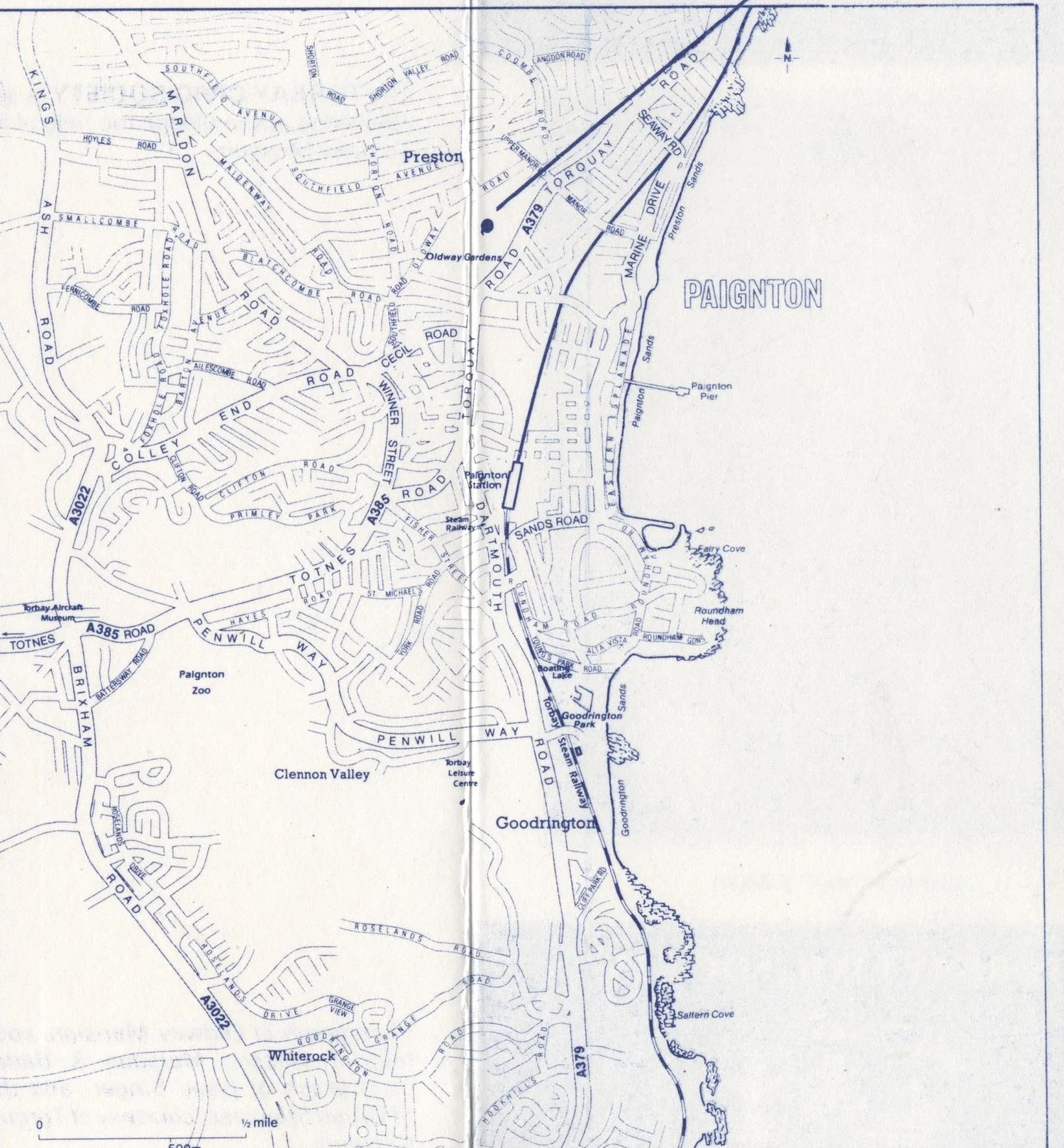Street map of Paignton and Preston marking the location of Oldway Gardens