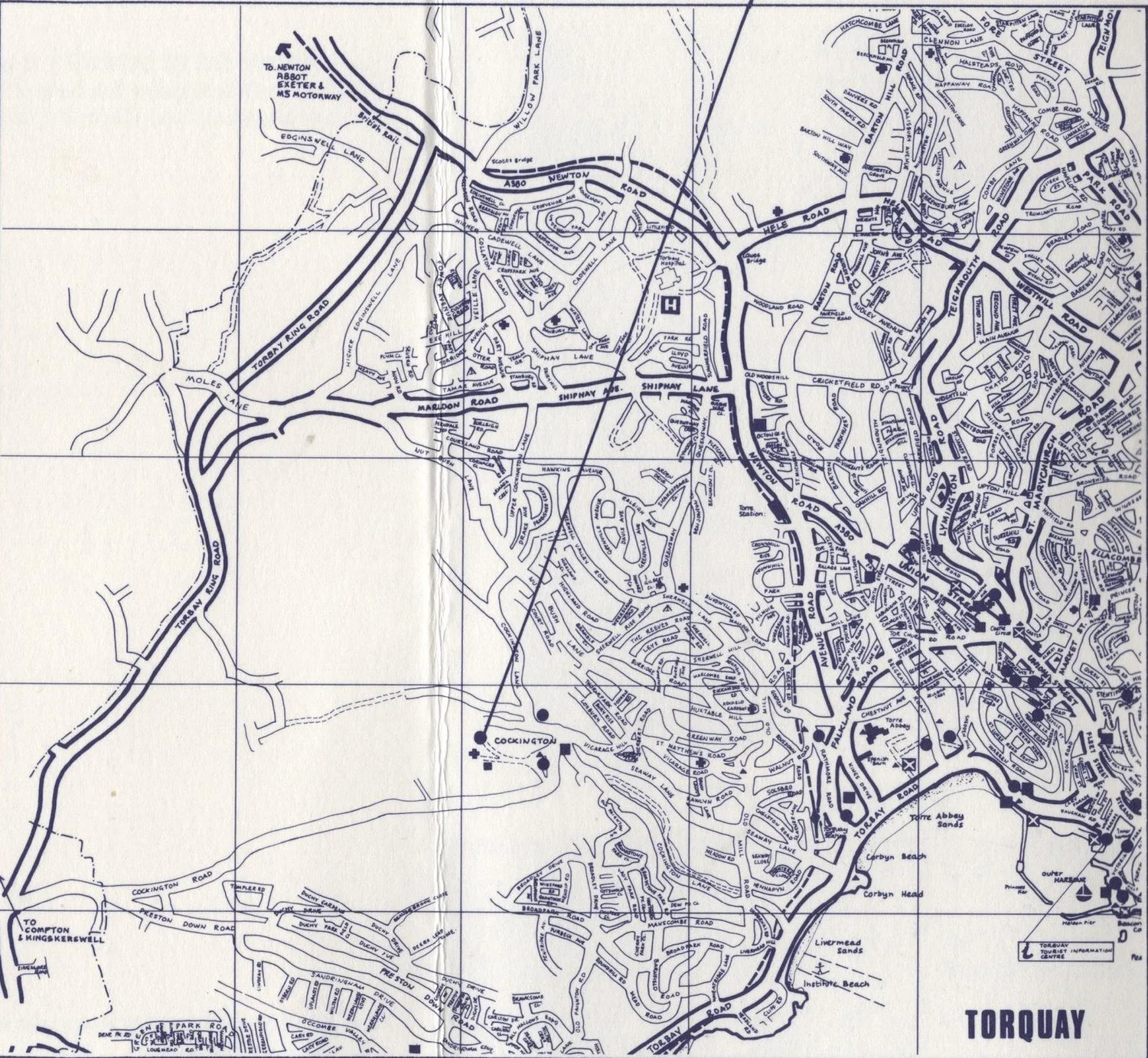 Street map of Torquay marking the location of Cockington to the west of the town centre