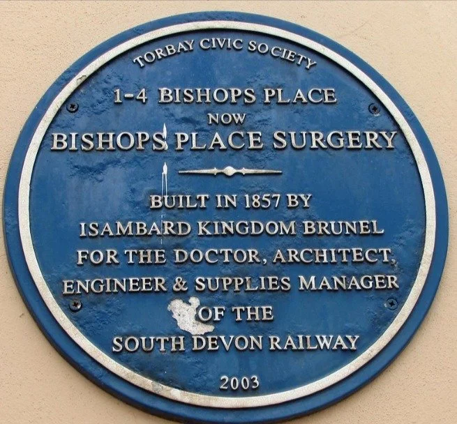 Blue plaque reading Torbay Civic Society, 1 to 4 Bishops Place, now Bishops Place Surgery, built in 1857 by Isambard Kingdom Brunel for the doctor, architect, engineer and supplies manager of the South Devon Railway