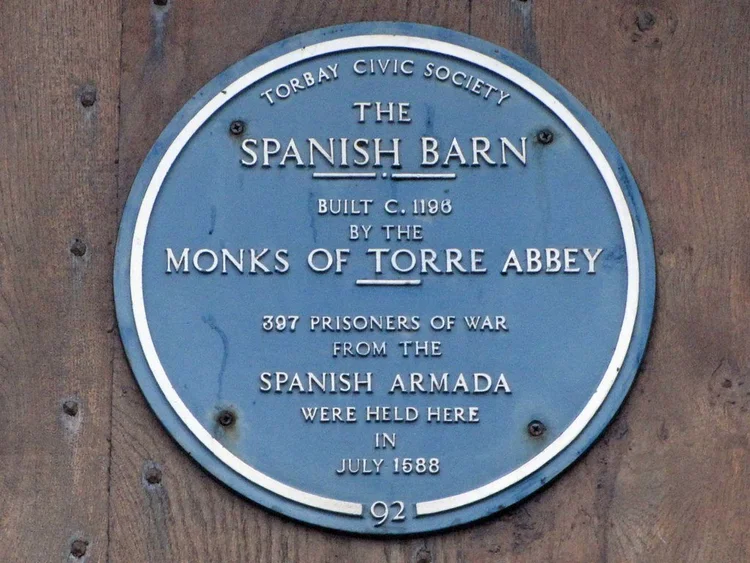 Torbay Civic Society blue plaque for the Spanish Barn, the tithe barn of Torre Abbey.