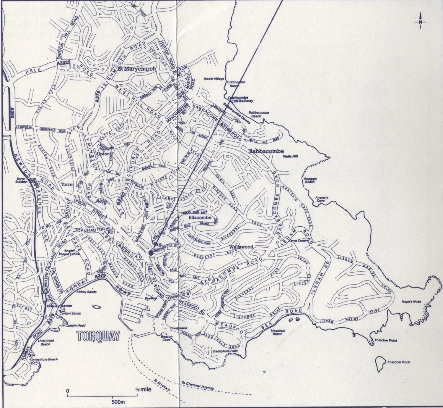 Street map of Torquay marking the location of Madrepore Place near the harbour