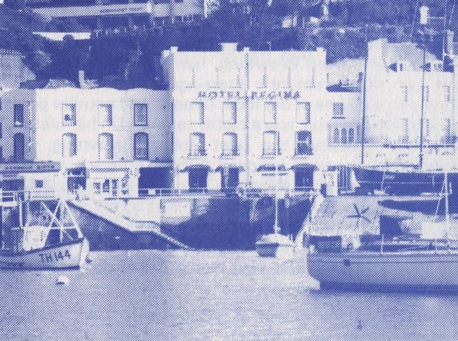 The Hotel Regina seen across Torquay harbour, with fishing boats and yachts moored in the foreground