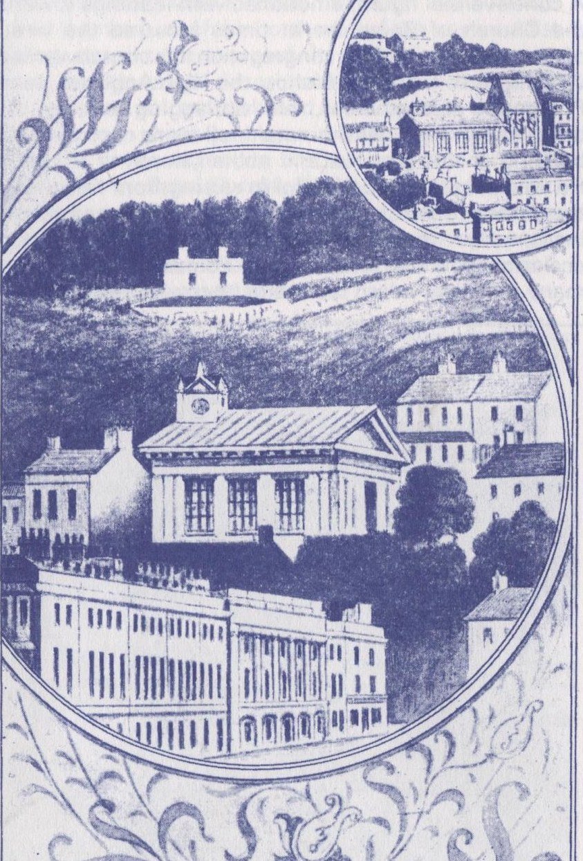 Victorian engraving in two circular vignettes showing the old Chapel of St John's on the hillside above the terraces of early Torquay