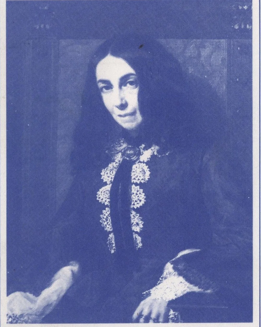 Painted portrait of Elizabeth Barrett Browning, seated, with long dark ringlets and a lace-trimmed dress