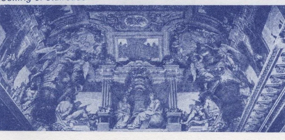The painted ceiling above the staircase at Oldway Mansion, with figures and ornamental mouldings