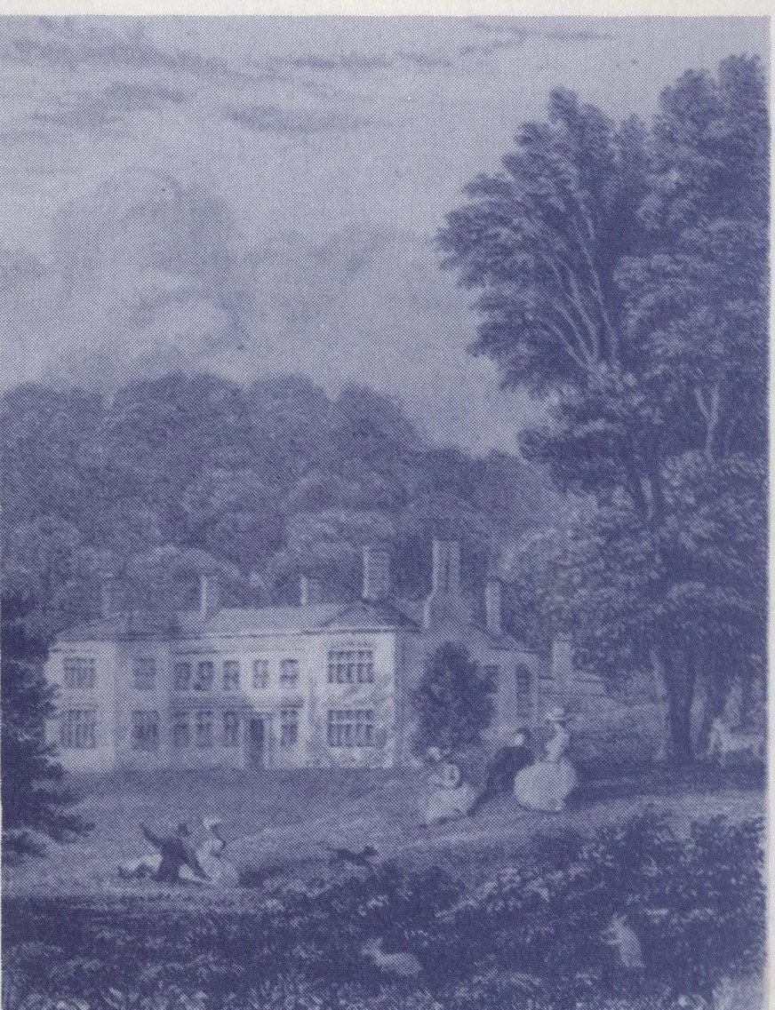 Engraving of Cockington Court about 1840, a long low manor house set among trees with figures seated on the lawn in front